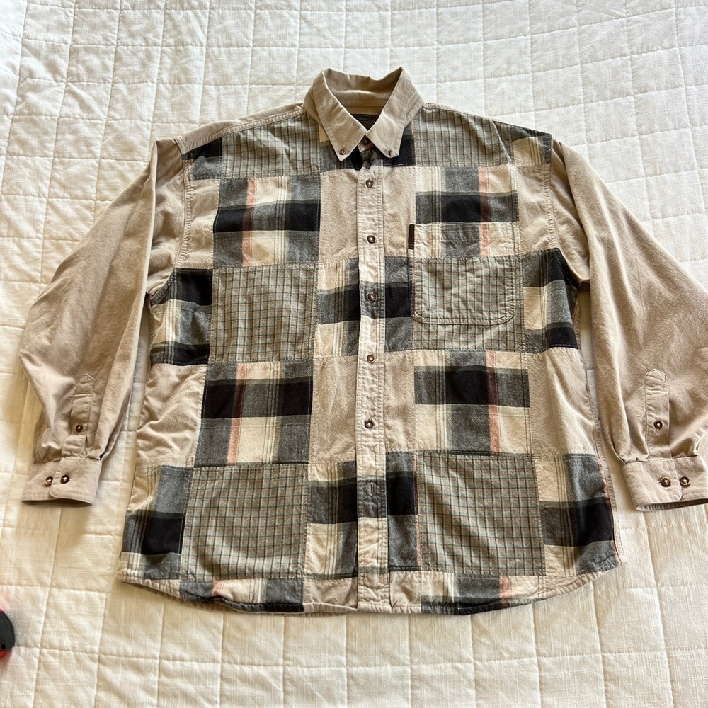 Clearwater Outfitters Mens XL Patchwork Plaid Flannel Button Down Shirt Tan